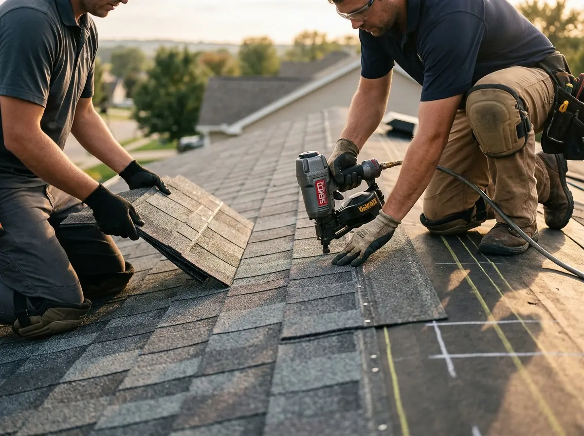 Professional roofer working on a residential roof in Evansville